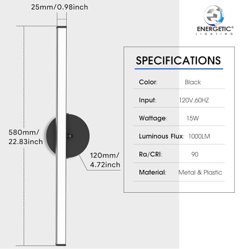 Energetic 5CCT Rotatable Vanity Lighting with Night Light, 15W Black Bathroom Wall Lamp Over Mirror, LED Vanity Make Up Lighting Bar, 23 Inch Modern Picture Light, 350° Adjustable Angle