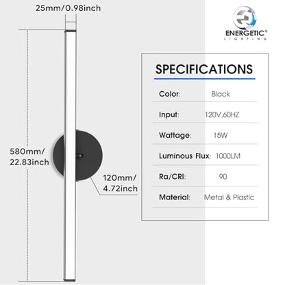 Energetic 5CCT Rotatable Vanity Lighting with Night Light, 15W Black Bathroom Wall Lamp Over Mirror, LED Vanity Make Up Lighting Bar, 23 Inch Modern Picture Light, 350° Adjustable Angle