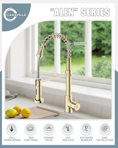 Kitchen Faucet, Commercial Kitchen Sink Faucets with Pull Down Sprayer, Stainless Steel Faucets for Kitchen Sinks, Dual Function Spray Head, Single Handle Spring Kitchen Faucets -Gold - color: D-PVD Gold, style: Classic