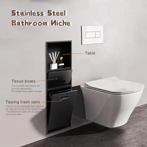 Stainless Steel Recessed Shower Nich with Built-in Trash Can(25.4X11.2IN) | Waterproof Bathroom Niche Toilet Paper Toiletries Storage Rack for Kitchen Living Room Bedroom Hotel Residential - color: Black
