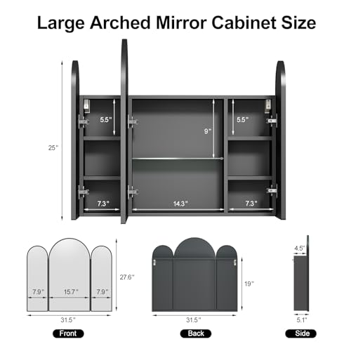 Triple Arched Black Medicine Cabinet, 3 Doors, 31X28Inch Surface Mount Bathroom Cabinet with Trifold Arched Mirror, Metal Edge - color: Brushed Black