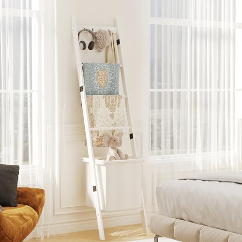BAMBANG Bamboo Blanket Ladder with Basket, 5-Tier Quilt Rack Stand with 4 Hooks & Storage Hamper for Living Room Bathroom, Wall Leaning Decorative Ladder Shelf for Blankets Display (White)
