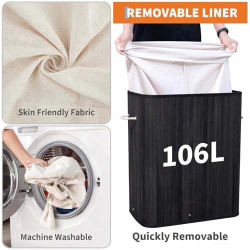 GarveeHome Folding Bamboo Laundry Hamper with Lid, 27.5 Gallon Wooden Laundry Basket with Washable Liner Bag, Slim Clothes Storage Hamper for Small Bedrooms Apartments Dorms (Black - Rectangle) - color: Black - Rectangle