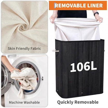 GarveeHome Folding Bamboo Laundry Hamper with Lid, 27.5 Gallon Wooden Laundry Basket with Washable Liner Bag, Slim Clothes Storage Hamper for Small Bedrooms Apartments Dorms (Black - Rectangle) - color: Black - Rectangle