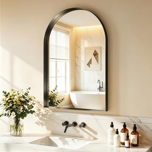 Arch Mirror for Bathroom Sink, 24"x36" Black Frame Mirror for Wall Mounted, Bathroom Arched Mirror with HD Tempered Glass, for Living Room, Bedroom, Entry Way, Vanity - color: Black-square Corner, size: 36"L x 24"W