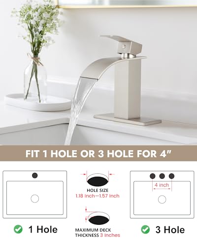 Midanya Waterfall Bathroom Faucet 1 Hole,Brushed Nickel | with 24” Hoses,Pop Up Drain,6” Deck Plate,for 1 or 3 Hole Vanity,Lavatory,RV,Single Handle Bathroom Sink Faucet,NSF Certified - color: Nickel