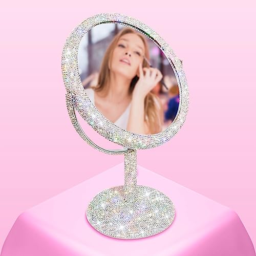 TISHAA Bling Vanity Mirror, Crystal Rhinestone Makeup Mirror, Double Sided with 2X Magnification