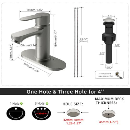 BELZ Nickel Bathroom Faucet, Lead-Free for 1 or 3 Hole 4" Vanity Sink | NSF372 Compliant,Anti-peeling PVD Finish,Includes Pop-up Drain & Hoses,Single Handle Modern Design, Easy DIY Install - color: Brushed Nickel