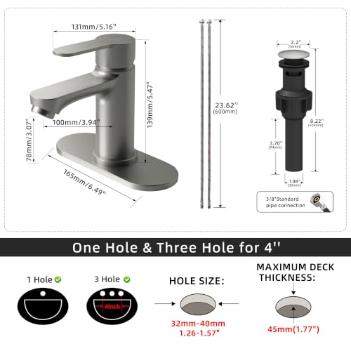 BELZ Nickel Bathroom Faucet, Lead-Free for 1 or 3 Hole 4" Vanity Sink | NSF372 Compliant,Anti-peeling PVD Finish,Includes Pop-up Drain & Hoses,Single Handle Modern Design, Easy DIY Install - color: Brushed Nickel