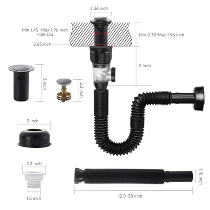 Bathroom Sink P trap with Overflow Drain - TSIBOMU Flexible Sink Drain Pipe for Basin drain replacement,Fits 1-1/4",1-1/2"and 2" Holes,Matte Black - color: Matte Black, style: With Overflow