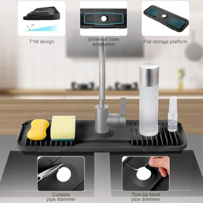 Kitchen Faucet Mat, DK-SIMINA Silicone Faucet Mat Silicone Faucet Drip Catcher with Cuttable Circular Central for Kitchen Sink, Tailor-Made for Faucets with Deck Plate【Black】 - color: Black