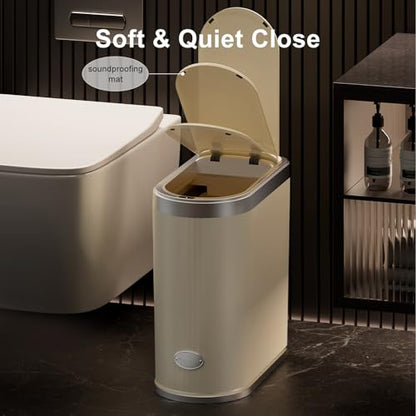 UFORU Touchless Motion Sensor Trash Can, 3.2 Gallon Automatic Bin, Beige | Slim Profile, Space-Saving Design, Lidded Design, Bathroom, Office and Kitchen Use, Placement in Corners and Small Spaces