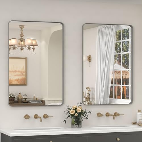 2 Pack of 24x36 Inch Silver Brushed Nickel Bathroom Mirror | Rounded Rectangle, Silver Framed Bathroom Vanity Mirror, Anti-Rust, Shatterproof, Hangs Horizontally or Vertically - color: Silver, size: 24x36(2Pack)