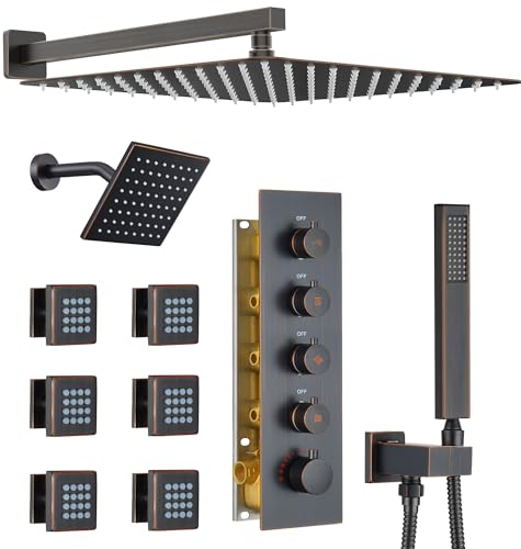 Dasan Thermostatic Dual Shower System with 6 Body Jets, 6-Inch Shower & 16” Rainfall Shower, Luxury Oil Rubbed Bronze Shower Faucet Set Rain Shower System for Couples/2-Person - color: Oil Rubbed Bronze