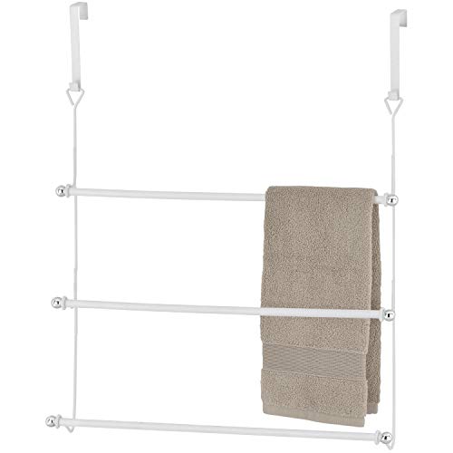 MyGift 3 Tier Over Door Towel Holder White Metal Bathroom Drying Rack | Three Level Storage, Space Saving Design, Easy Door Mounting, Bath Linen Organization, Compact Home Solution - color: White