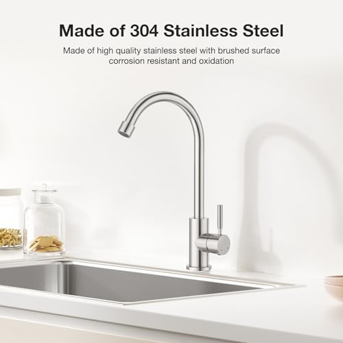 CREA Brushed Faucet for Kitchen Bar Outdoor Sink 1 Hole 3Holes(with Deck Plate)，High Arc 360°Swivle Single Handle Tap Brushed 304 Stainless Steel - color: Brushed, style: Mixed water pipe