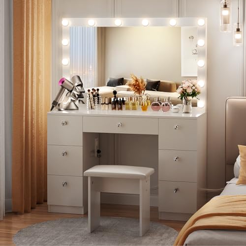 VOWNER Vanity with Lighted Mirror - Makeup Vanity Desk with Power Outlet and 7 Drawers, 3 Color Lighting Modes Adjustable Brightness, 44" Vanity Table with Soft Cushioned Stool for Women Girls, White - color: White