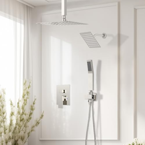 STARBATH Shower Faucet Set Shower System with Diverter Valve Brushed Nickel | 12 Inch Ceiling Mount Rain Shower Head, 6 Inch Wall Mount Rainfall Shower Head and Handheld Spray for Two Person - color: Brushed Nickel, size: 12"+6"-02