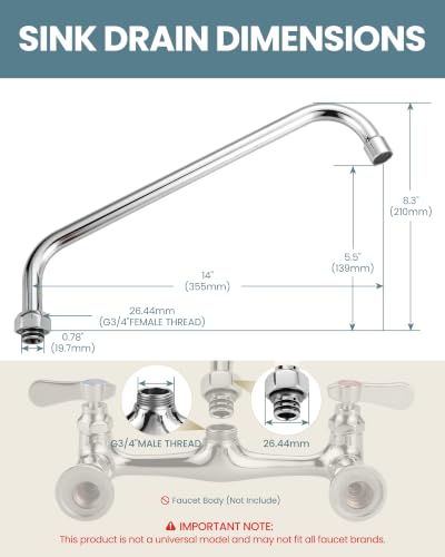G3/4 Internal Thread Commercial Faucet Swivel Spout Replacement: 14“ Add-on Swing Nozzle Spout - Chrome Polished Spout Replacement Part For Commercial Kitchen Sink Faucet - 1.8gpm/ 2.2gpm Aerator - size: 14 Inch
