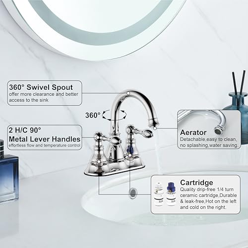 Chrome 4 Inch Centerset Bathroom Sink Faucet 3 Hole with Pop up Drain | Derengge High Arc Classic 2-Handle Bathroom Faucet, Vanity Lavatory Faucet with 360° Swivel Spout，F-4501-CP - color: Polished Chrome