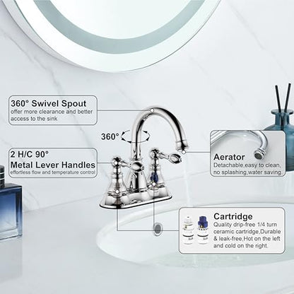Chrome 4 Inch Centerset Bathroom Sink Faucet 3 Hole with Pop up Drain | Derengge High Arc Classic 2-Handle Bathroom Faucet, Vanity Lavatory Faucet with 360° Swivel Spout，F-4501-CP - color: Polished Chrome