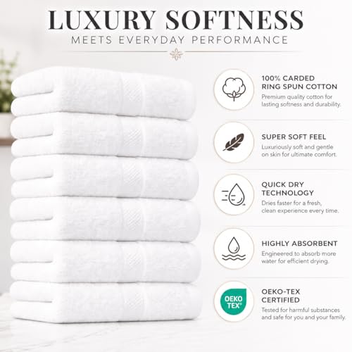 White Hand Towel Pack of 6, 28x16 Inches | Premium 650GSM 100% Ringspun Cotton | Ultra Soft, Thick, Quick-Dry & Highly Absorbent White Hand Towels for Bathroom, Kitchen & Home