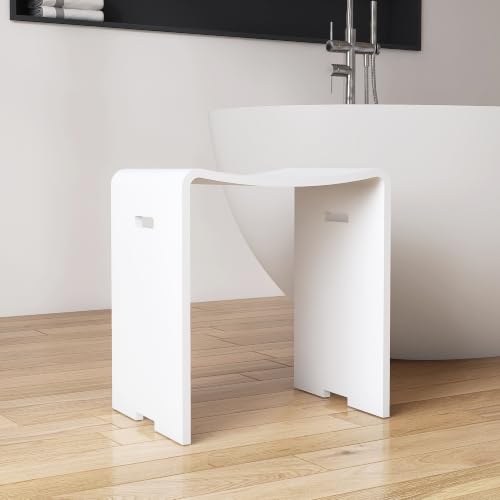 Modern Shower Stool, Matte White Solid Surface Bath Stool | Stone Resin Heavy-Duty, Matte Surface, Non-Slip Waterproof Chair Seat for Inside Showers and Outdoor Use (400 lbs Capacity) - color: White Handle Cutouts