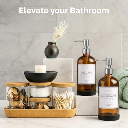 Vine Creations Amber Glass Soap Dispenser, 2 Pack Kitchen Soap Dispenser Set with Stainless Steel Pump, 16 oz Hand Soap or Dish Soap for Bathroom or Kitchen with Waterproof Labels - color: Amber Bottle / Silver Pump