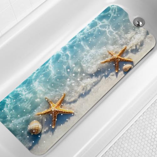 LNOND Summer Beach Bathtub Mat Non Slip, 40 X 16 Inch Tub Mat for Bathroom, Ocean Starfish Bath Tub Shower Mat with Drain Holes and Suction Cups - color: Ocean Starfish Bathtub Mat