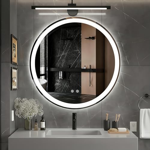 DUMOS 36 Inch Round LED Bathroom Mirror with Lights, Circle Vanity Mirror | Anti-Fog, Dimmable, 3-Color Light, Front Light and Backlit, Memory Function, Tempered Glass - color: White-round, size: 36"L x 36"W