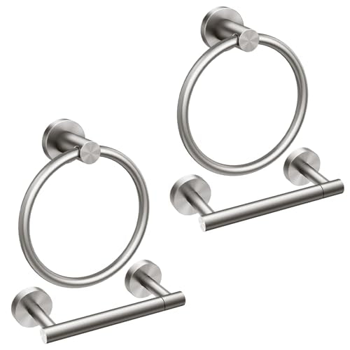 FORIOUS Toilet Paper Holder and Towel Ring Set, Bathroom Accessories Set | Brushed Nickel | Double Post Pivoting Toilet Paper Holder Wall Mounted and Towel Ring 2 Pack | SUS304 Stainless Steel | Round - color: Stainless Steel, size: Classic 2 Pack