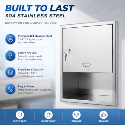 304 Stainless Steel Recessed Paper Towel Dispenser with Lock Commercial | Heavy Duty Wall Mounted Paper Towel Dispenser, Satin Finish, Fits 350 C-fold & 475 Towels for Public Restroom, Office, Hotel