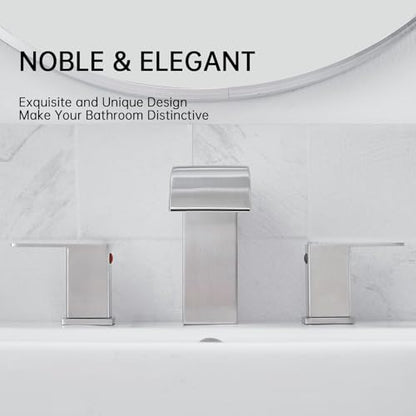 RUMOSE Bathroom Faucets Nickel Bathroom Sink Faucet 3 Hole with Drain | 8 inch Widespread 2 Handles Lavatory Vanity Faucet Set, Waterfall Spout, Deck Mounted, Pop Up Drain, Stainless Steel - color: Brushed Nickel