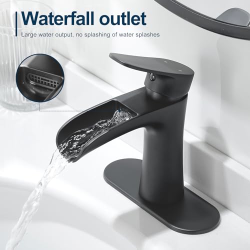 VOTON Black Bathroom Faucets Single Handle Waterfall Sink Faucet One Hole or Three Holes with Deck Mount Vanity Farmhouse RV Vessel Basin Faucet - color: B-Matte Black, style: Without Drain