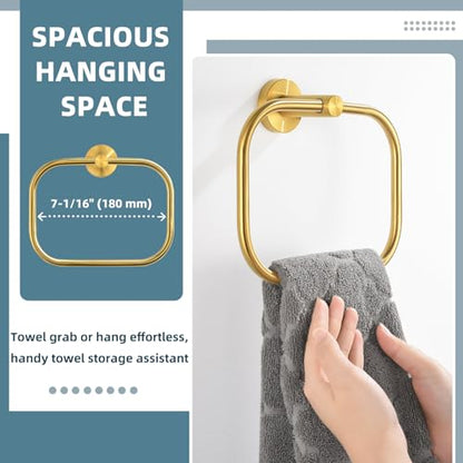 Brushed Gold Towel Ring for Bathroom, Rustproof 304 Stainless Steel | 180° Swivel Hand Towel Holder, Modern 7.09" Square Hanging Loop, Easy Towel Hang & Grab, Space-saving Drilling Wall Mounted - color: Brushed Gold
