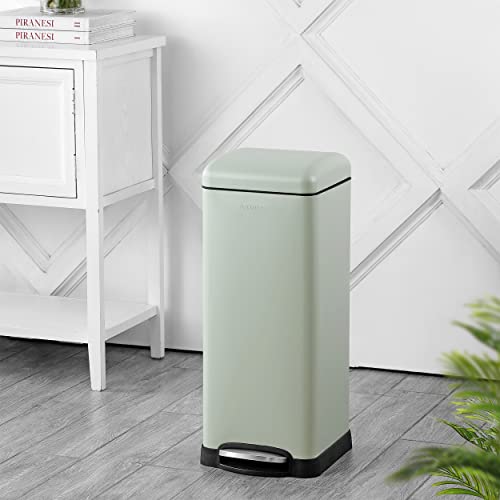 happimess HPM1007E Betty Retro 8-Gallon Step-Open Trash Can with Soft-Close Lid, Fingerprint Resistant, Modern, Minimalistic for Home, Kitchen, Laundry Room, Office, Bedroom, Bathroom, Mint Green | Fingerprint Resistant, Removable Liner, Semi-Rectangular,