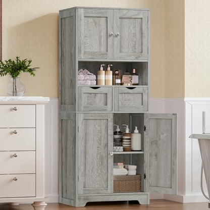 Iwell Tall Storage Cabinet with Adjustable Shelf, Bathroom Cabinet with 2 Drawers, Linen Cabinet for Living Room, Grey - color: Grey-4 Shelves