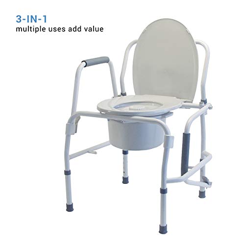Lumex 3-in-1 Drop-Arm Bedside Commode – Raised Toilet Seat & Safety Rails, Height-Adjustable, 300 lb Capacity