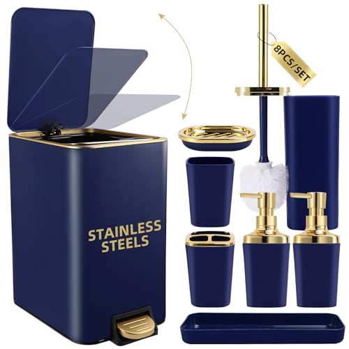 XLHOMO Navy Blue Bathroom Accessories Set 8 Piece Navy Blue and Gold Bathroom Set, Bathroom Sets with Stainless Steel Trash Can,Toilet Brush,Toothbrush Set,Soap Dispenser - size: Navy blue, style: Bath Set