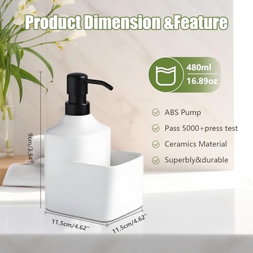 Gets Soap Dispenser White Ceramic Pump Bottle with Storage Holder | Countertop Liquid Hand Wash Bottle with Organizer Tray for Bathroom, Kitchen, Refillable Modern Dispenser for Vanity Sink - size: White With Sponge Holder