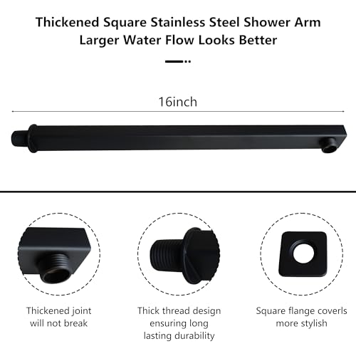 Rain Shower Head Black with Extension Arm 10 Inch Square Shower Head with 16 Inch Shower Arm Large Stainless Steel Rainfall Showerhead Matte Black Waterfall Full Body Coverage - color: Black, size: 10inch