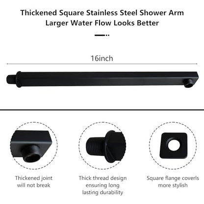 Rain Shower Head Black with Extension Arm 12 Inch Square Shower Head with 16 Inch Shower Arm Large Stainless Steel Rainfall Showerhead Matte Black Waterfall Full Body Coverage by GGStudy - color: Black, size: 12inch