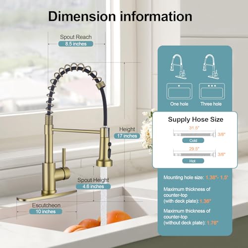 Gold Kitchen Faucets with Pull Down Sprayer and Soap Dispenser, Stainless Steel Single Pull Out Spring Sink Faucet, 3 Function Sprayer 1 or 3 Hole Deck Plate for Farmhouse Rv Bar - color: Gold, style: Classic(with Soap Dispenser)