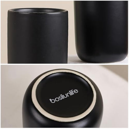BosilunLife Ceramic Toothbrush Holder - 12oz Bathroom Toothbrush Holder Black Tooth Brush Holders Tumbler Cups Reusable Toothbrush Mouthwash Cup Small Toothbrush and Toothpaste Holder - color: Black-cyl, size: cylinder