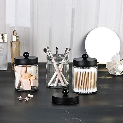 3 Pack Apothecary Jar Canisters Bathroom Vanity Organizer - Qtip Holder Storage Organizer Set Countertop Canister with Stainless Steel Lids &Cute Stickers for Qtips,Cotton Swabs,Makeup Sponges,Floss | Qtip Holder Storage Organizer Set Countertop Canister