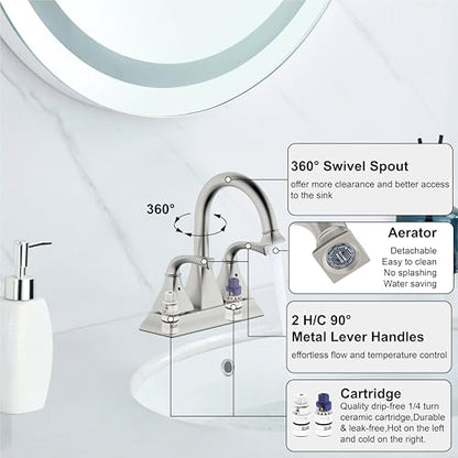 Centerset Bathroom Faucet,Brushed Nickel Lavatory Bathroom Sink Faucet,4 Inch Two Handle with Push up Pop-up Drain,F-4015-BN - color: Brushed Nickel, size: Standard