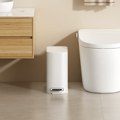 TIPGO Small Bathroom Trash Can with Lid Soft Close, Step Pedal, 1.3 Gallon / 5 Liter Stainless Steel Slim Garbage Can for Office, Diaper Waste Basket with Removable Inner Bucket (White) - color: White