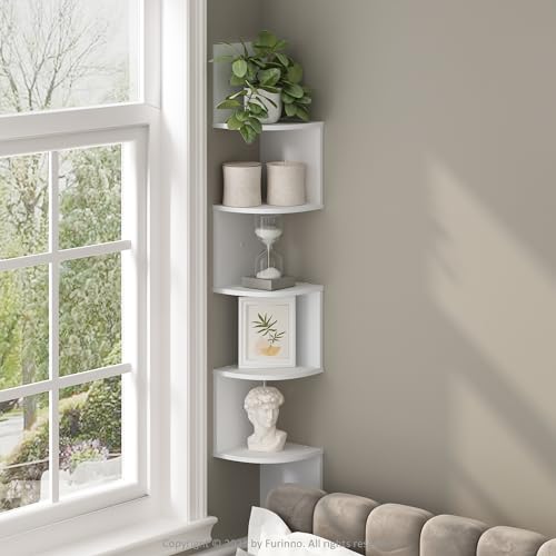 Furinno Rossi 5-Tier Floating Corner Shelf for Wall, Corner Zigzag Shelf Wall Mounted, Radial Wall Mount Shelves, for Home Office, Living Room, Bedroom, Bathroom, White - color: White