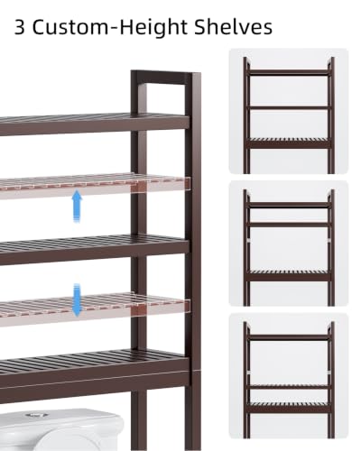 SMIBUY Bathroom Storage Shelf, Bamboo Over-The-Toilet Organizer Rack, Freestanding Toilet Space Saver with 3-Tier Adjustable Shelves (Dark Brown) - color: Dark Brown