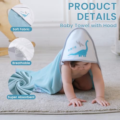 Softan Baby Hooded Towels and Washcloths Set 6 Pack, 28x28 Ultra Soft & Absorbent Baby Bath Towels for Newborn Infant Toddler, Unisex Boys Girls (Blue Dionsaur) - color: Blue Dionsaur
